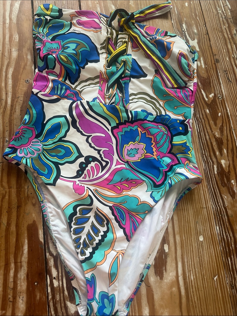 Trina Turk Floral Lace-Up One-Piece strapless Swimsuit in Teal & Pink